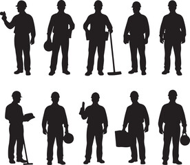 Silhouettes of skilled male workers in hard hats showcasing various trades and tools