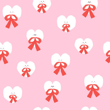 Cute hearts with reds bows seamless pattern. Holiday love print. Vector hand drawn illustration.