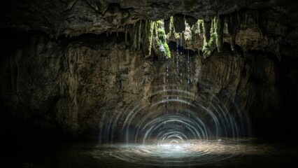 Subterranean Cave With Water Dripping Forming Concentric Circles On Calm Reflective Pool Dramatic Lighting