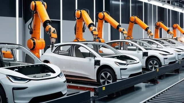 Robotic arms operate on an assembly line to build electric cars in a factory setting. The environment shows several vehicles in progress. The factory is bright and organized