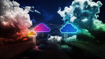 Vibrant Abstract Clouds with Colorful Cloud Icons and Digital Lines