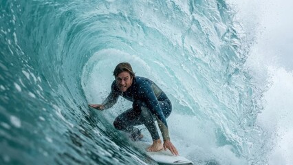 Surfer Rides Inside Blue Ocean Wave Barrel in Sunlight