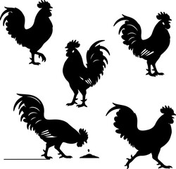 Black Silhouette Rooster in Five Dynamic Styles Vector Set