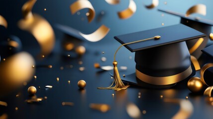 Graduation banner background featuring caps and golden confetti on dark blue