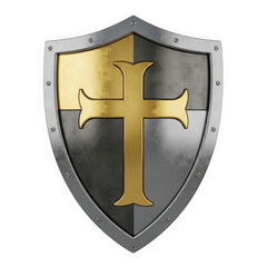 A majestic medieval knight shield featuring a striking golden christian cross symbol of faith and chivalry