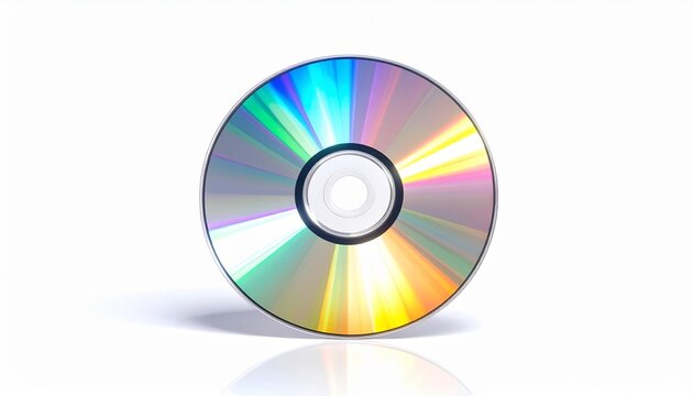 Compact disc with rainbow reflection isolated on white background, digital storage technology.
