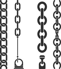 Four different styles of dark gray chain links and fasteners metal steel