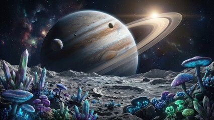 Vast Alien Planet Surface with Glowing Flora and Saturn Like Ringed Planet in Starry Sky