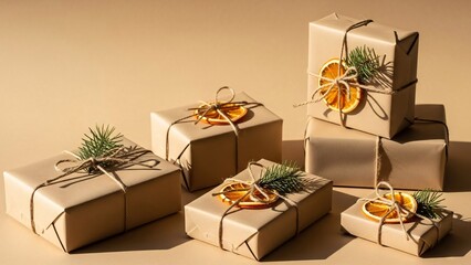 Minimal eco friendly Christmas gift boxes flat lay with kraft paper, twine, dried orange and copy space

