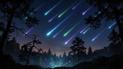 Vibrant Meteor Shower Over Dark Forest Silhouette Under Starry Night Sky