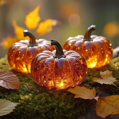 Three glowing glass pumpkins on mossy ground