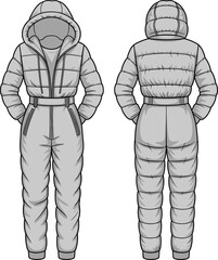 Front and Back View of a Padded Snowsuit with Hood Flat Fashion Sketch Keywords: snowsuit, ski suit, winter clothing, outerwear