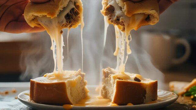 Two Hands Pulling Apart Steaming Hot Sliders Revealing Molten Cheese Pull Close Up
