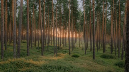 Obraz premium Enchanting sunrise filtering through tall pine trees in tranquil forest, perfect for nature lovers and outdoor adventures, offering peace and serenity in woodland scene