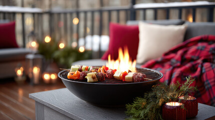 Obraz premium Outdoor round fire pit with skewers and cozy winter setting featuring a plaid blanket and candlelight ambiance for relaxing or entertaining on a patio or deck.