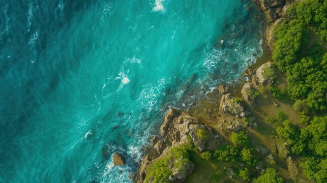 Aerial view of turquoise ocean meets lush shore