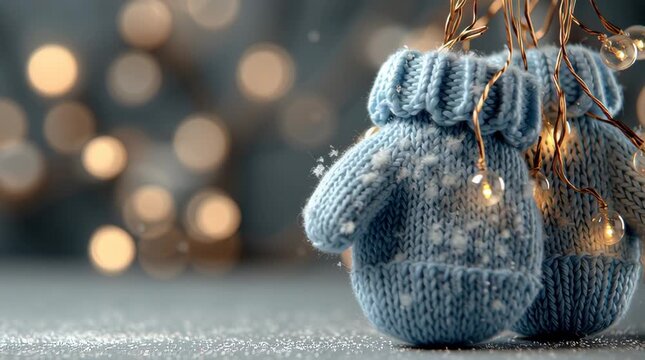 Cute blue knitted mittens in cartoon style decorated with shimmering gold garland, pastel cotton background