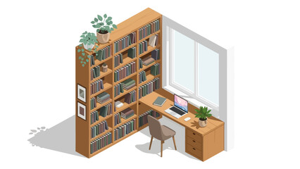 Cozy home office with wooden bookshelf and desk in isometric design