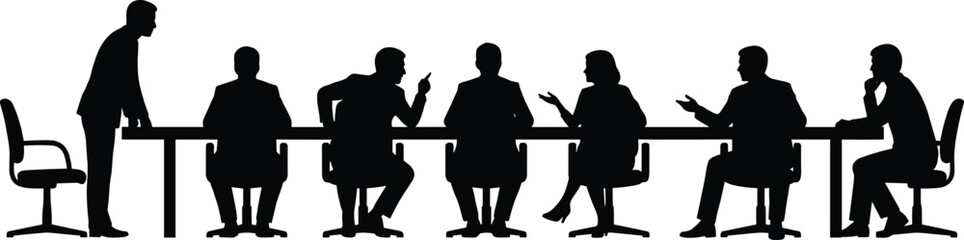 Business meeting silhouettes, corporate team discussion at conference table, office teamwork leadership negotiation strategy professional collaboration concept illustration