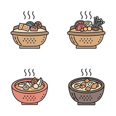 Steaming Asian Cuisine Bowls Vector Set Delicious Hot Pot Stew and Soup Dishes Collection Cutaway