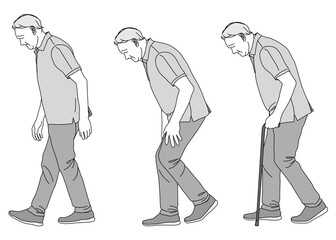 間欠破行 杖をついて歩く老人のイラスト 全身横向き