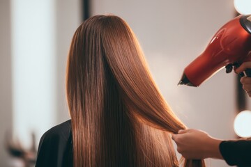 Naklejka premium Woman with long, shiny, straight brown hair is sitting in the salon chair while her professional stylist dries it with a blow-dryer. Beautiful hairstyle. Close-up of hair styled with an electric dryer
