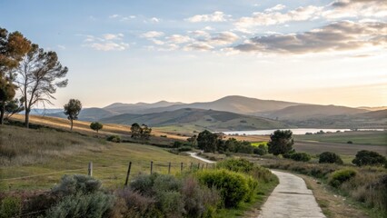 Winding path through rolling hills at sunrise with distant mountains