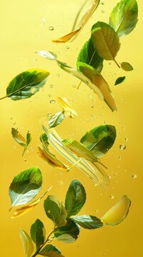 Mint leaves, lemon verbena leaves and thin slices of ginger swirl gracefully in water against a yellow gradient background.