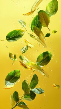 Mint leaves, lemon verbena leaves and thin slices of ginger swirl gracefully in water against a yellow gradient background.