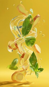 Mint leaves, lemon verbena leaves and thin slices of ginger swirl gracefully in water against a yellow gradient background.