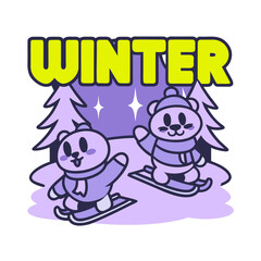 Obraz premium Two cartoon polar bears skiing and snowboarding winter