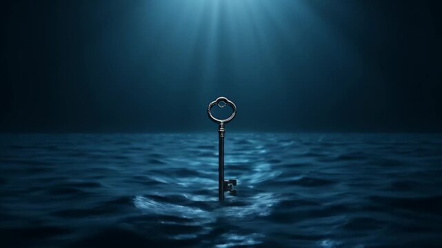 A Lost Key: Surreal and Mysterious Key Standing in the Middle of a Dark Ocean