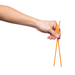 Male hand holding a orange plastic chopstick isolated on white background.