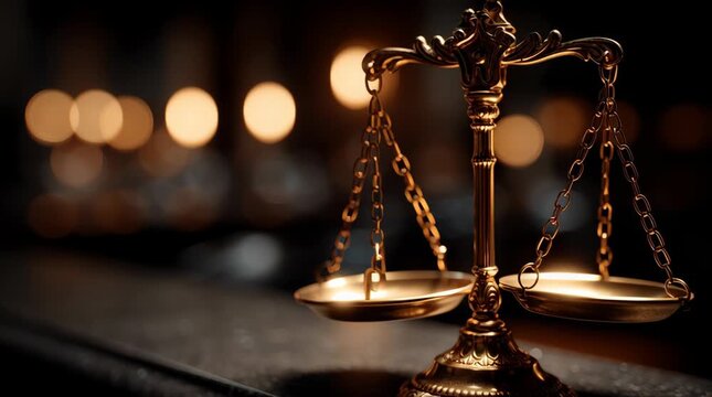 The scales of justice sway gently in the breeze, elegant brass scales, dim courtroom lighting