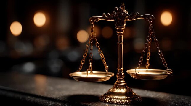 The scales of justice sway gently in the breeze, elegant brass scales, dim courtroom lighting