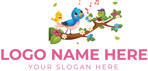 Cartoon bird logo vector with singing characters on flowered branch for children, nature, or music branding