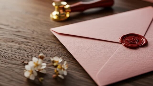 Elegant pink envelope with embossed wax seal and wax seal stamp on wooden background, with soft focus flowers