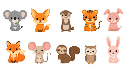 Naklejka premium A delightful set of ten adorable baby animal characters, including a fox, tiger, and rabbit, presented in a charming flat vector illustration style with a friendly design.