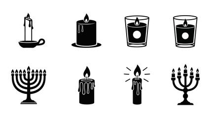 Collection of candle icons depicting various types and traditions including menorahs and votive
