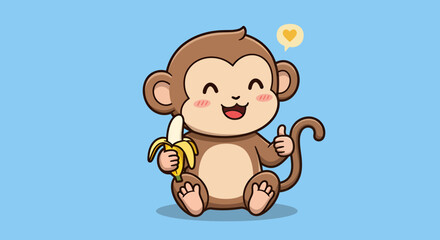 Fototapeta premium A cheerful cartoon monkey character holds a banana with a heart floating above, presented in a clean, modern vector style against a light blue background.