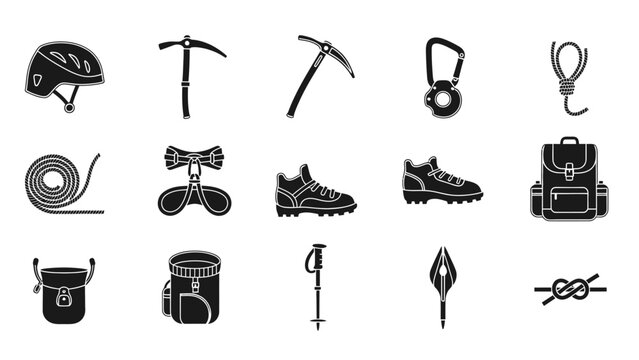 Collection of climbing and mountaineering equipment icons presented on a white background