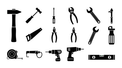 Collection of common DIY and construction tools depicted as simple black icons on a white background