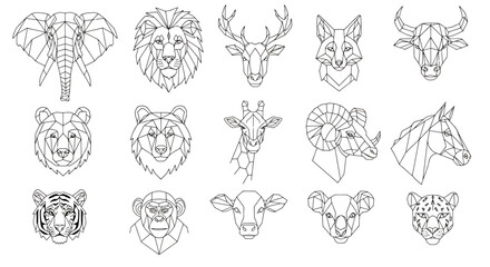 Obraz premium A collection of geometric line art animal heads and busts including an elephant, lion, deer, fox, bear, giraffe, horse, tiger, monkey, cow, koala, and leopard.