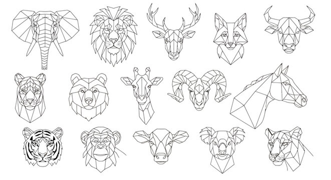 A collection of geometric line art illustrations featuring various animal heads in a low-poly style, including elephants, lions, deer, and bears.