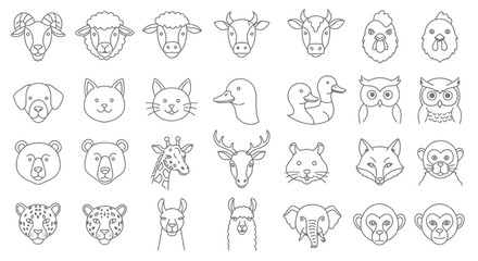 Obraz premium A collection of various animal head icons in a simple line art style, featuring farm animals, pets, and wild creatures.