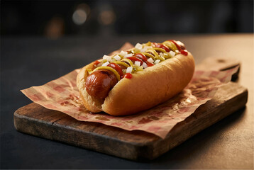 Hot dog with mustard served on a wooden board on a rustic wooden table