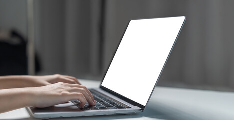 Close up of finger hand on keyboard business women working, Girl using typing person laptop computer, surfing the internet on modern office desk, online remote, telecommuting research, finance concept