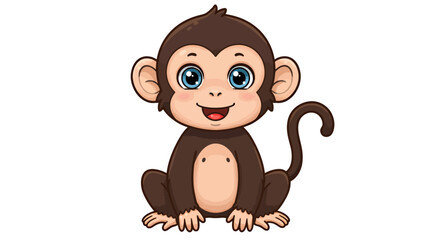 Obraz premium Cute cartoon baby monkey with big blue eyes sitting on a white background.