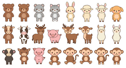 Obraz premium A large collection of cute cartoon animals in various poses, featuring bears, cats, rabbits, sheep, dogs, cows, deer, pigs, llamas, and monkeys.