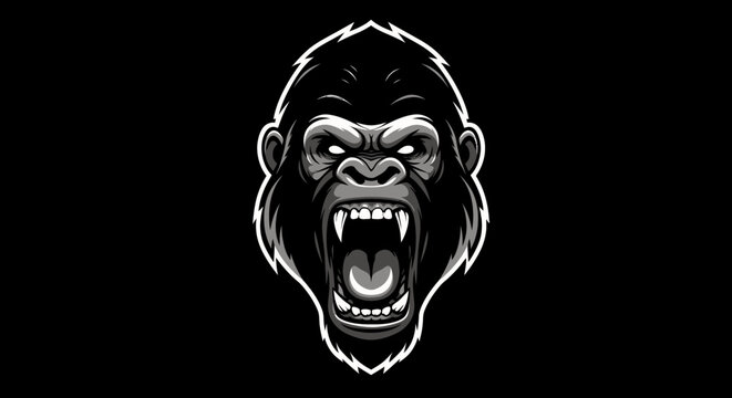 A fierce and aggressive gorilla head illustration with bared teeth and an open mouth, set against a stark black background.